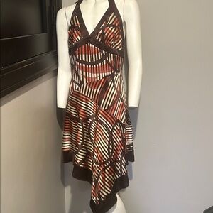 Coral and chocolate brown silky dress V-neck, halter, silk brown tie in neck.